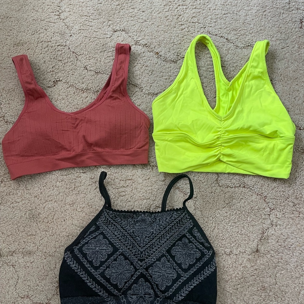 Women’s XS/S Set of Three Sports Bras in Pink, Neon Yellow, and Black & Gray